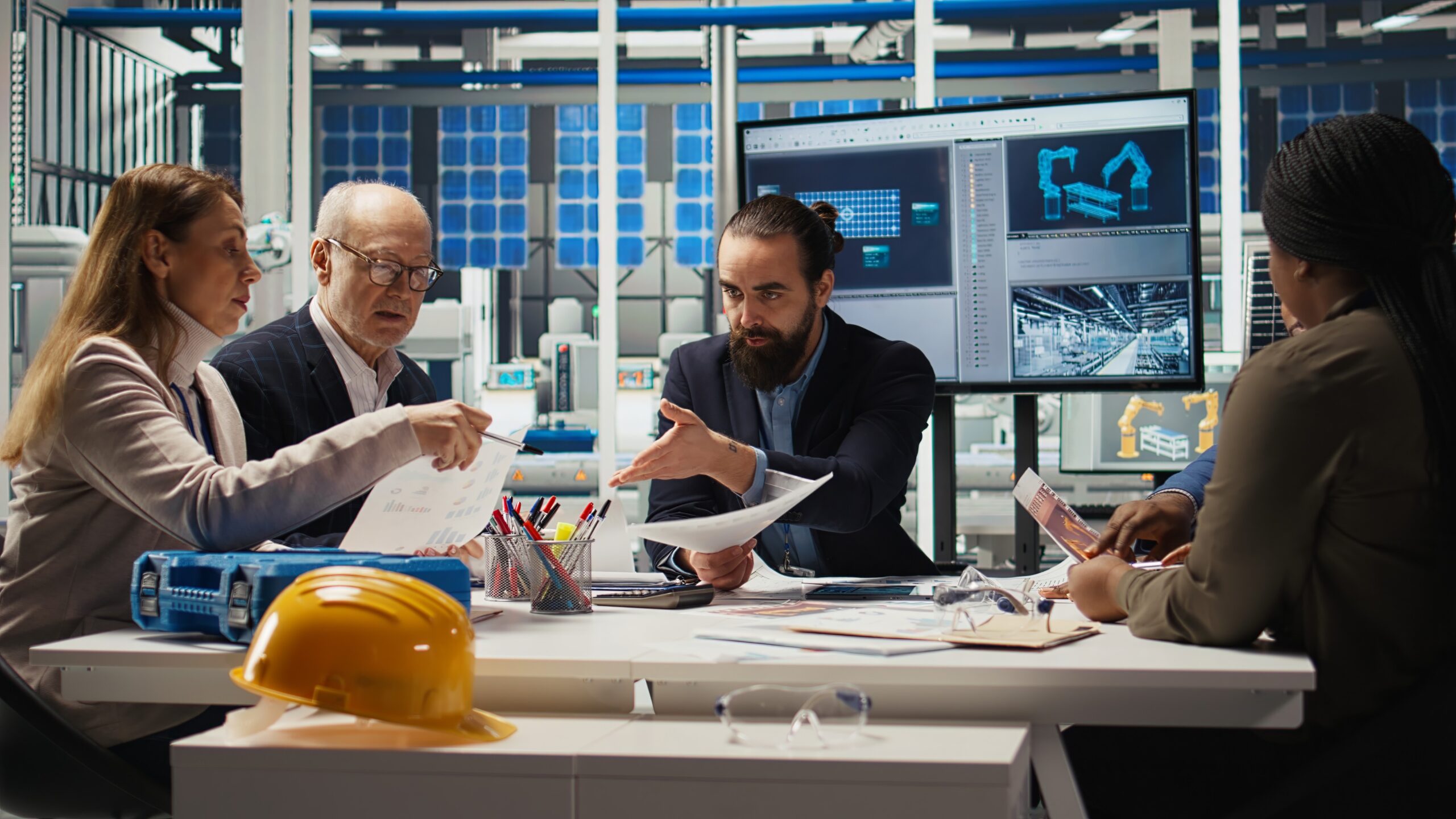 engineers study detailed schematics solar panel assembly lines factory (1)